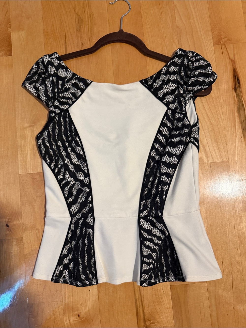 Bebe White Peplum Top with Black Lace-Pattern Panels (medium)